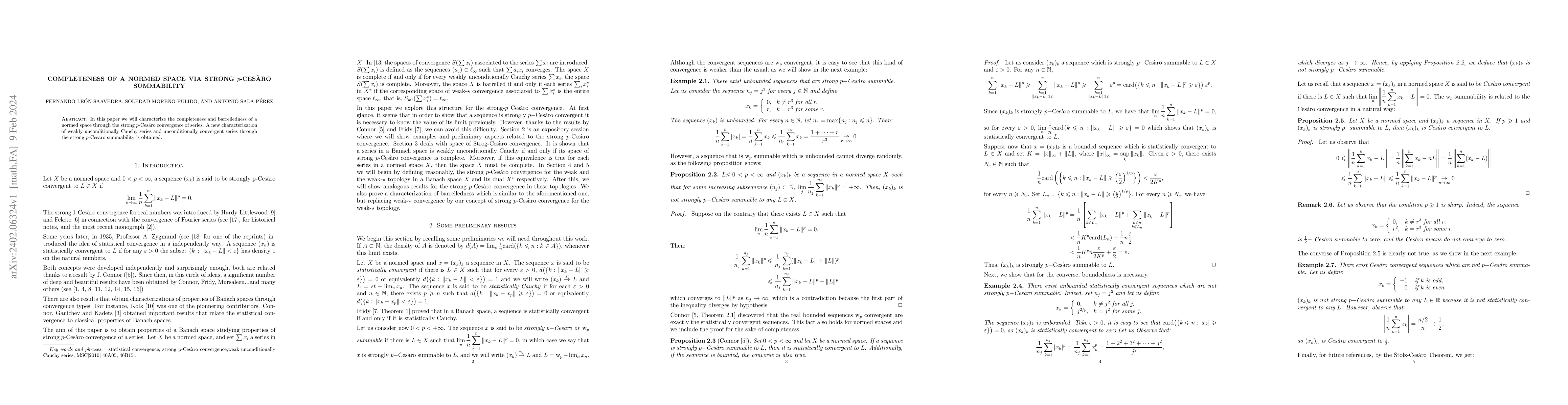 Thumbnail for Completeness of a Normed Space via Strong p-Ces\`aro Summability