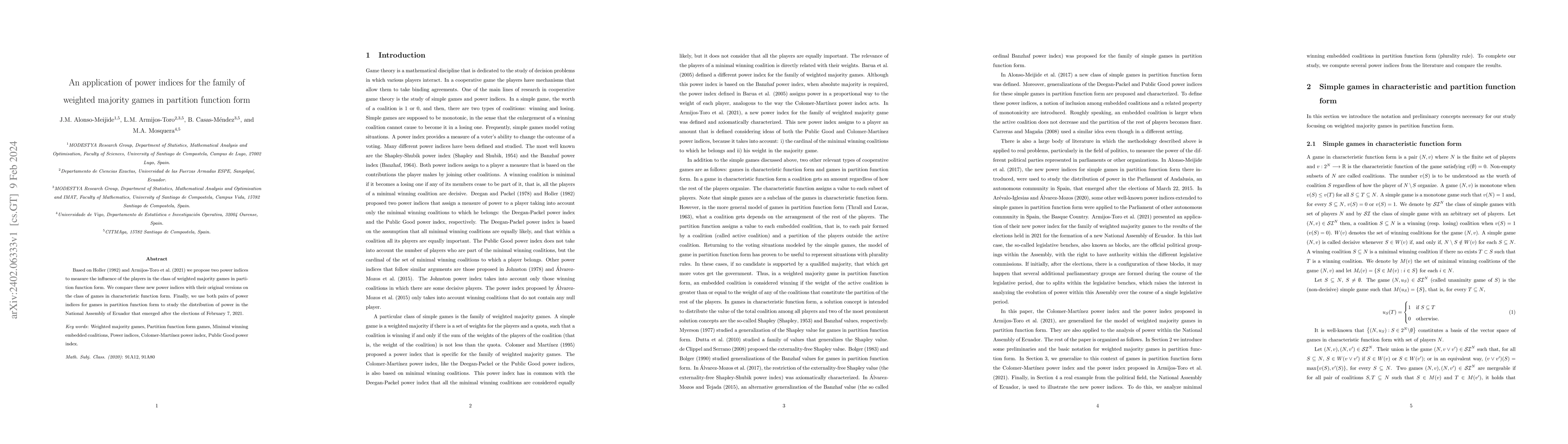 Thumbnail for An application of power indices for the family of weighted majority
  games in partition function form