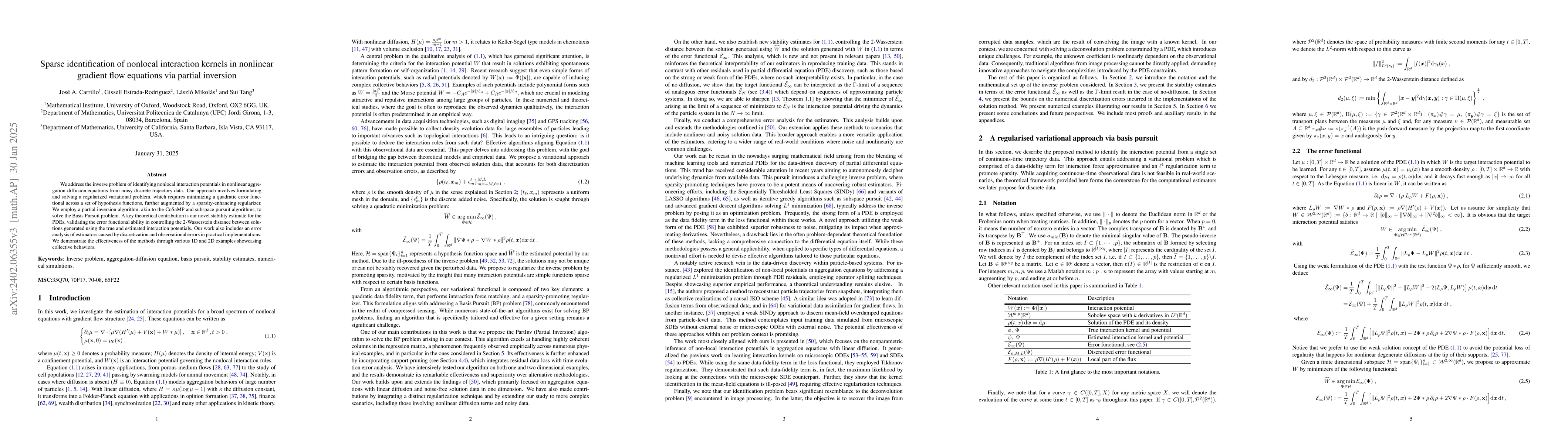 Thumbnail for Sparse identification of nonlocal interaction kernels in nonlinear
  gradient flow equations via partial inversion