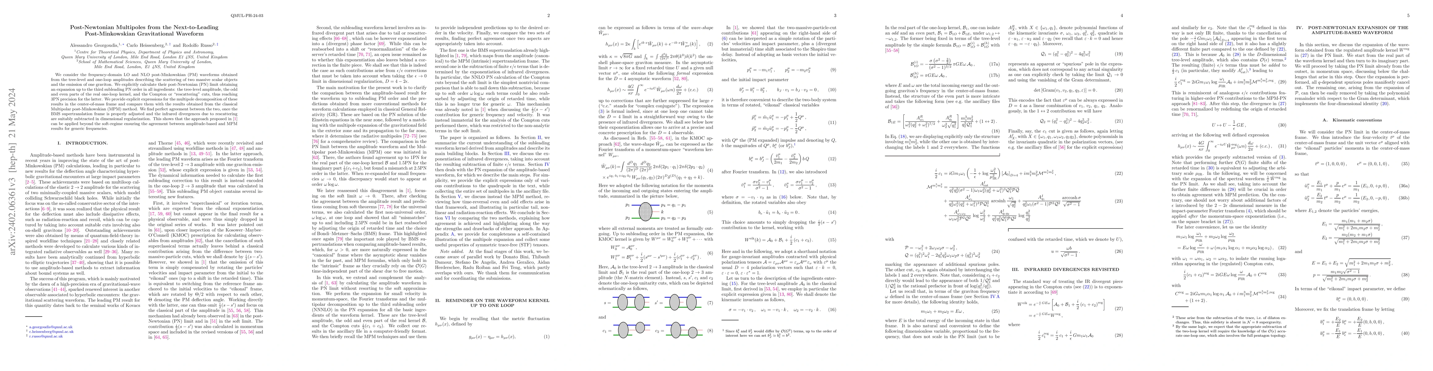 Thumbnail for Post-Newtonian Multipoles from the Next-to-Leading Post-Minkowskian
  Gravitational Waveform