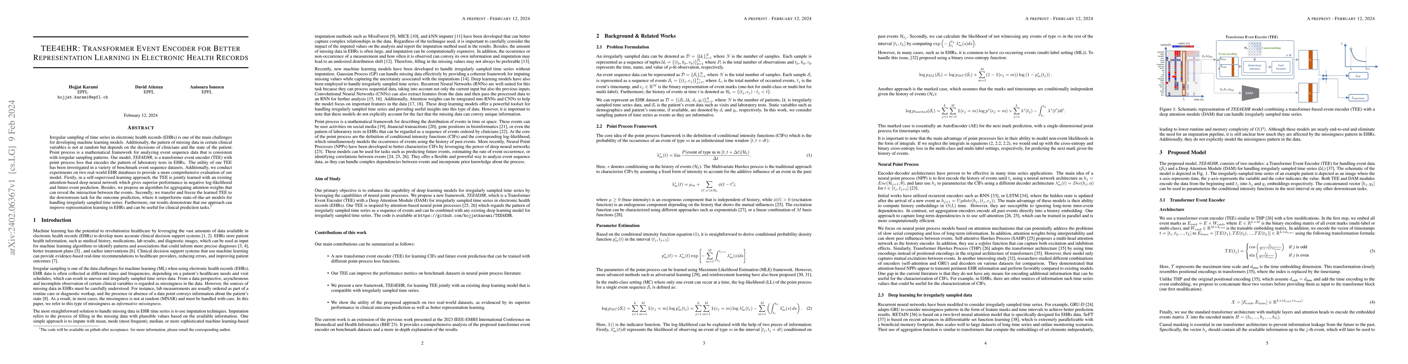 Thumbnail for TEE4EHR: Transformer Event Encoder for Better Representation Learning in
  Electronic Health Records