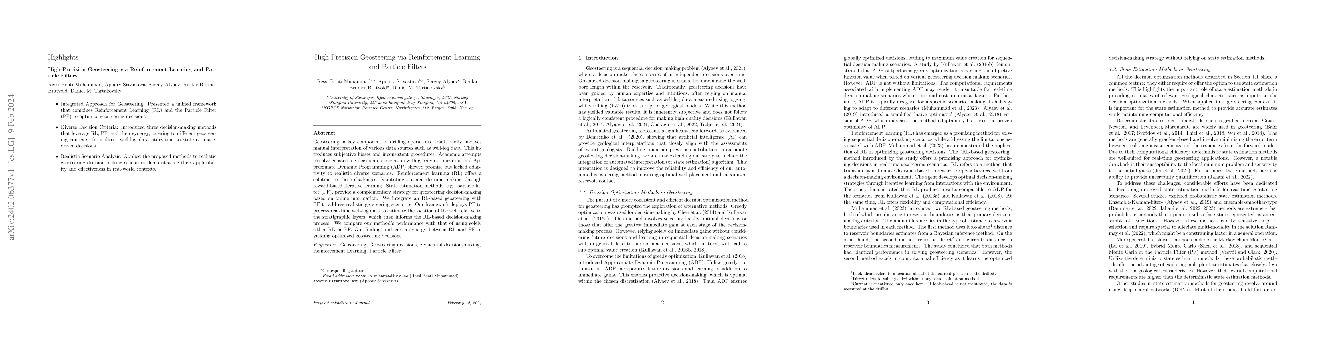 Thumbnail for High-Precision Geosteering via Reinforcement Learning and Particle
  Filters