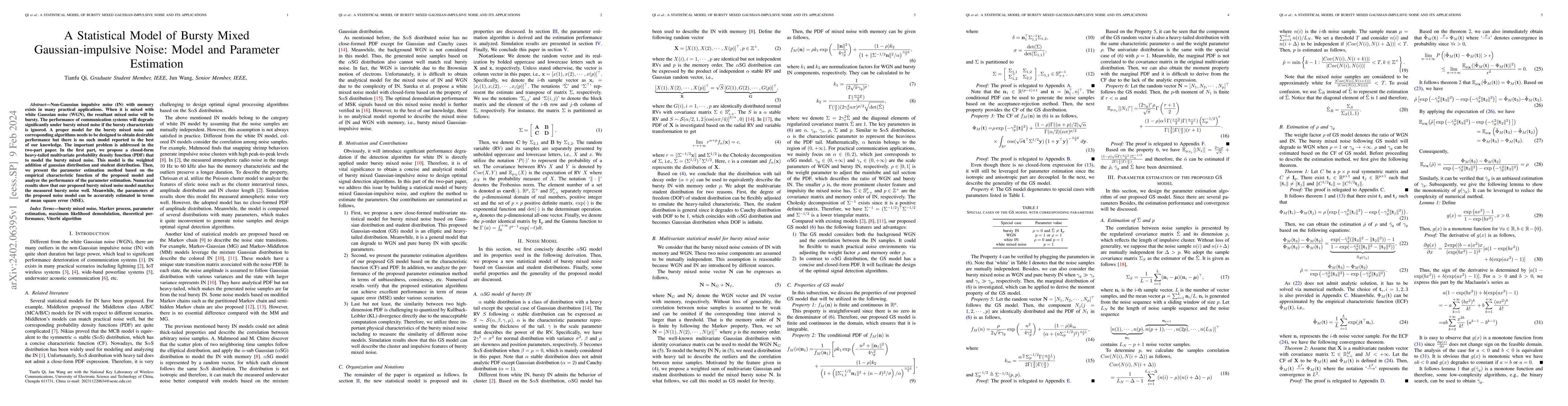 Thumbnail for A Statistical Model of Bursty Mixed Gaussian-impulsive Noise: Model and
  Parameter Estimation