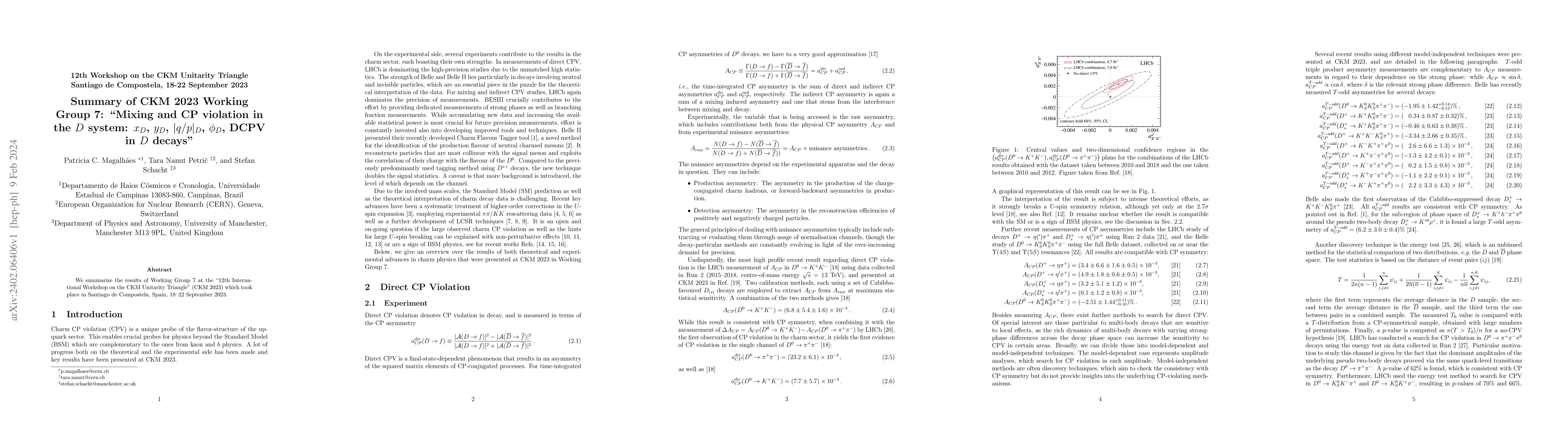 Thumbnail for Summary of CKM 2023 Working Group 7: "Mixing and CP violation in the D
  system: $x_D$, $y_D$, $|q/p|_D$, $\phi_D$, DCPV in $D$ decays"