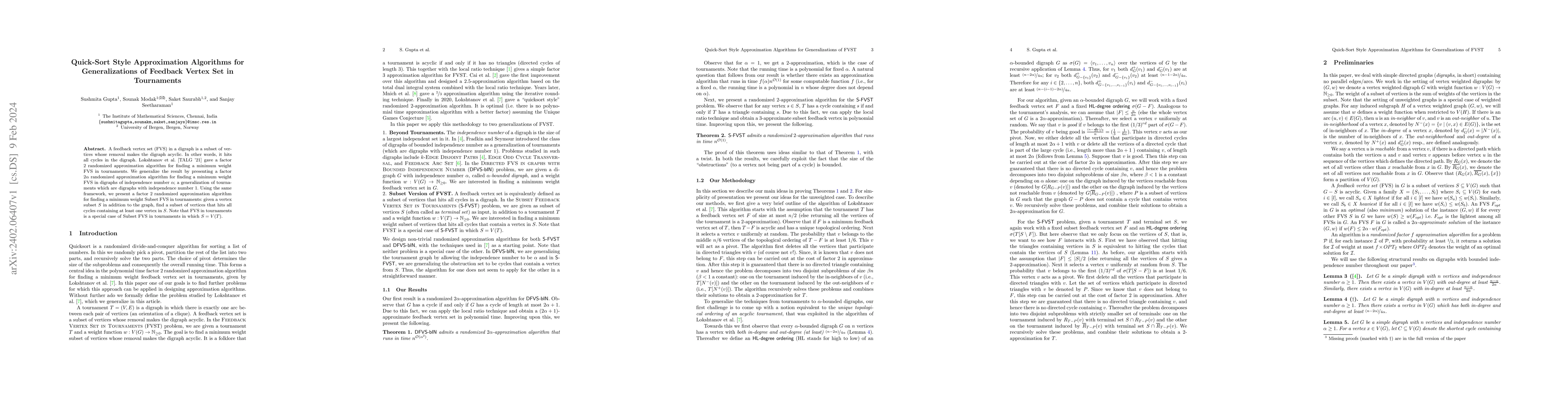 Thumbnail for Quick-Sort Style Approximation Algorithms for Generalizations of
  Feedback Vertex Set in Tournaments