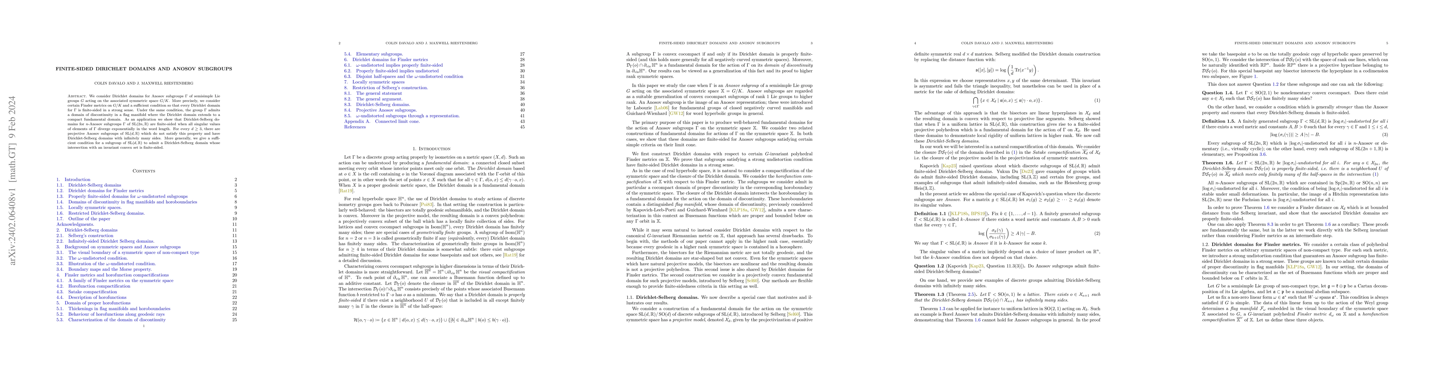 Thumbnail for Finite-sided Dirichlet domains and Anosov subgroups