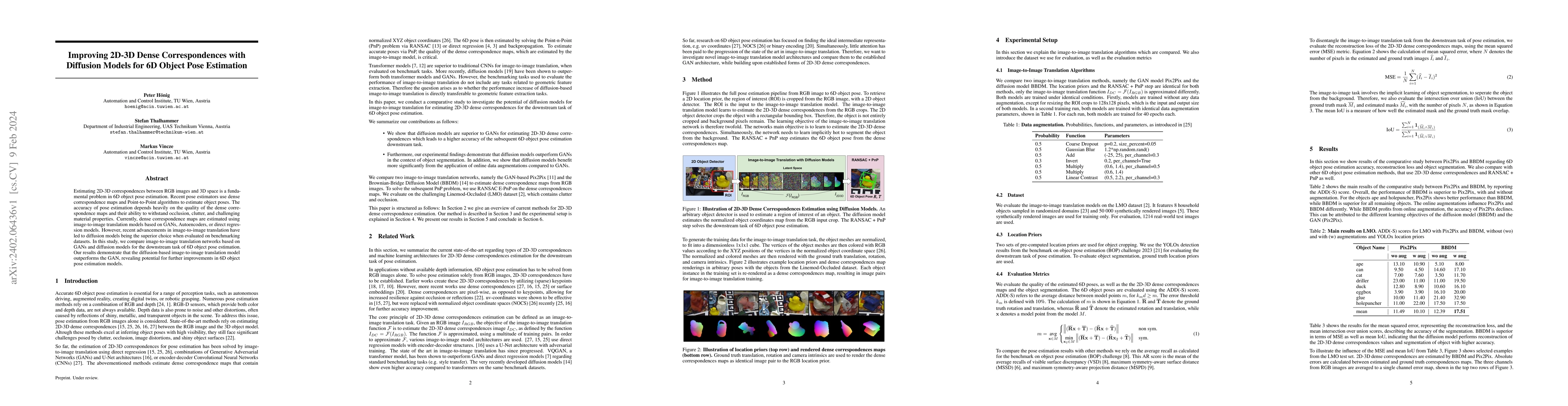 Thumbnail for Improving 2D-3D Dense Correspondences with Diffusion Models for 6D
  Object Pose Estimation