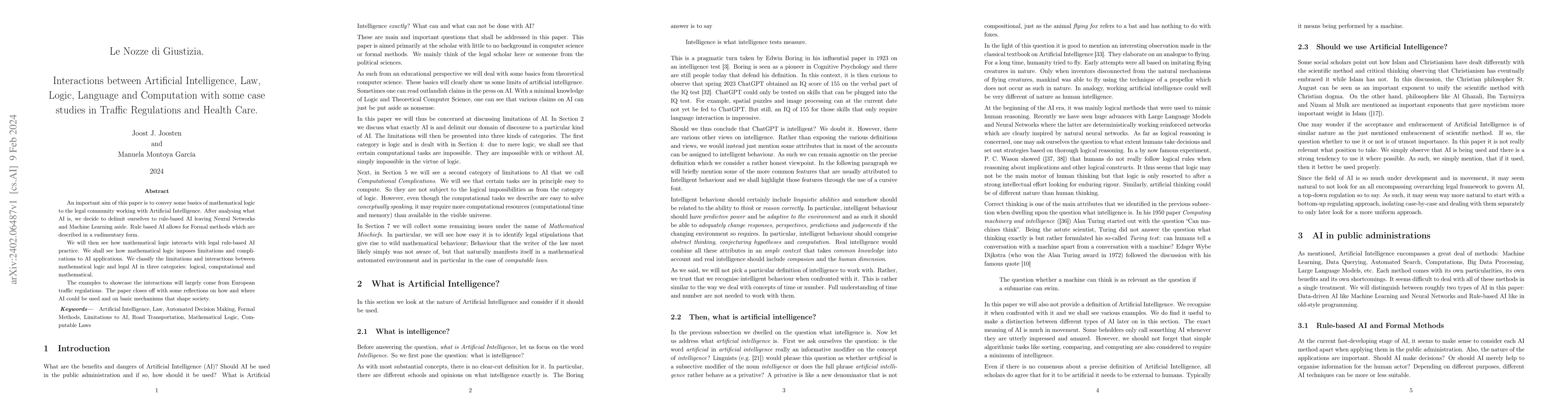 Thumbnail for Le Nozze di Giustizia. Interactions between Artificial Intelligence,
  Law, Logic, Language and Computation with some case studies in Traffic
  Regulations and Health Care