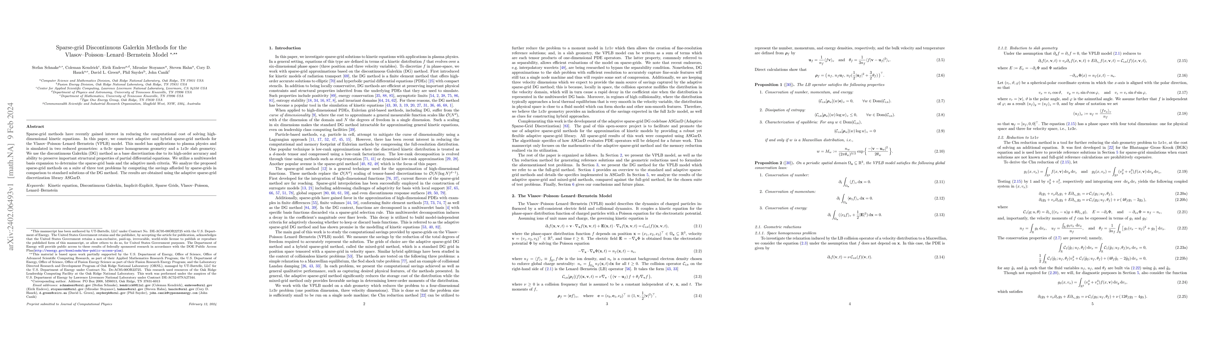 Thumbnail for Sparse-grid Discontinuous Galerkin Methods for the
  Vlasov-Poisson-Lenard-Bernstein Model