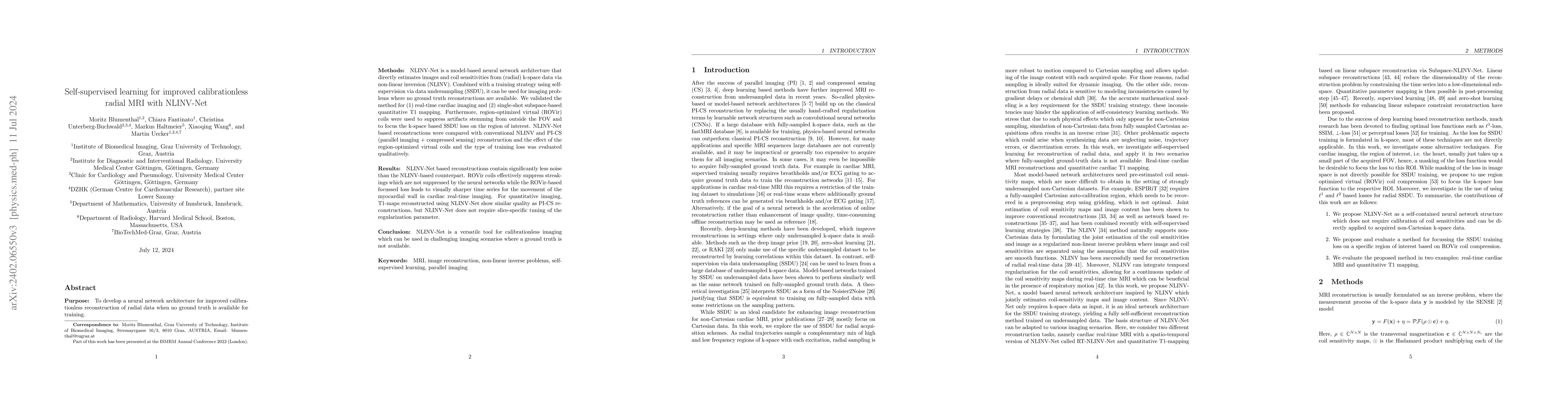 Thumbnail for Self-Supervised Learning for Improved Calibrationless Radial MRI with
  NLINV-Net