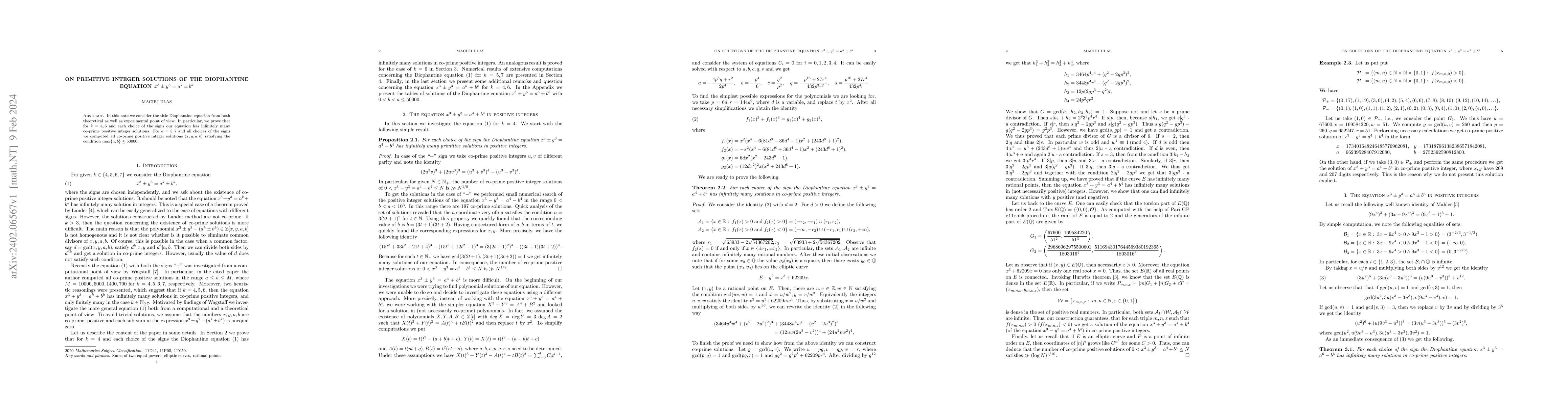 Thumbnail for On primitive integer solutions of the Diophantine equation $x^3\pm
  y^3=a^k\pm b^k$