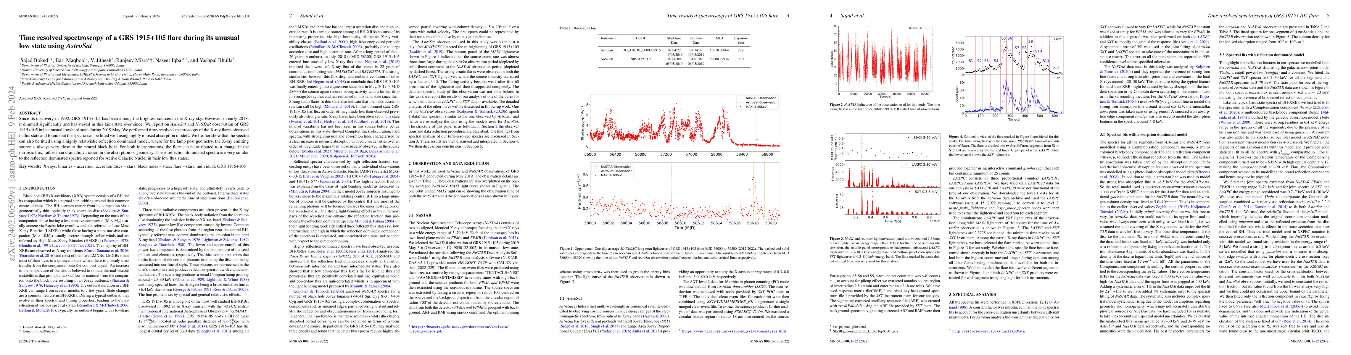 Thumbnail for Time resolved spectroscopy of a GRS 1915+105 flare during its unusual
  low state using AstroSat