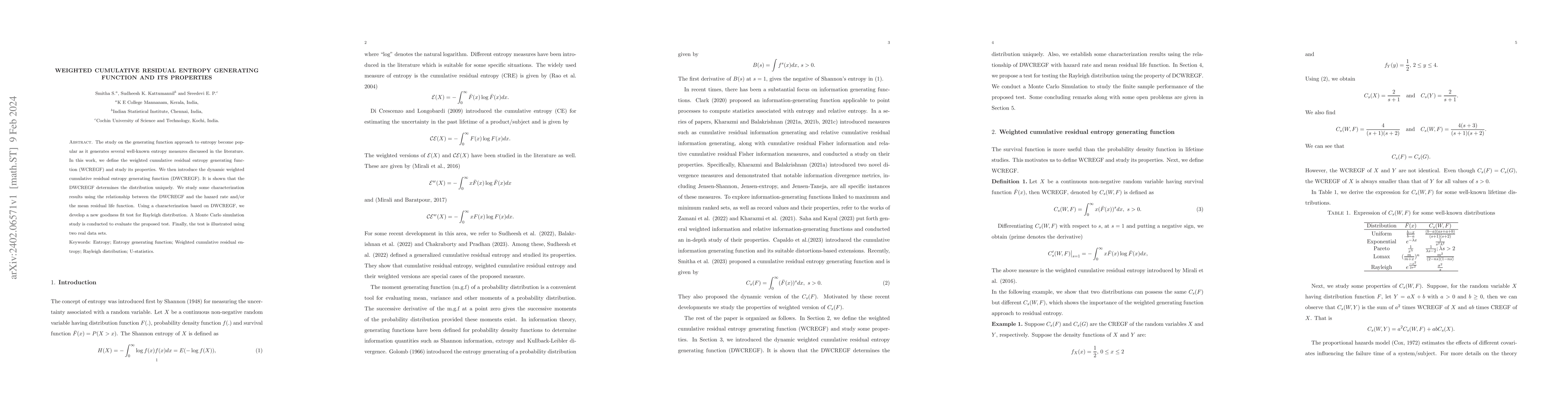 Thumbnail for Weighted cumulative residual Entropy Generating Function and its
  properties