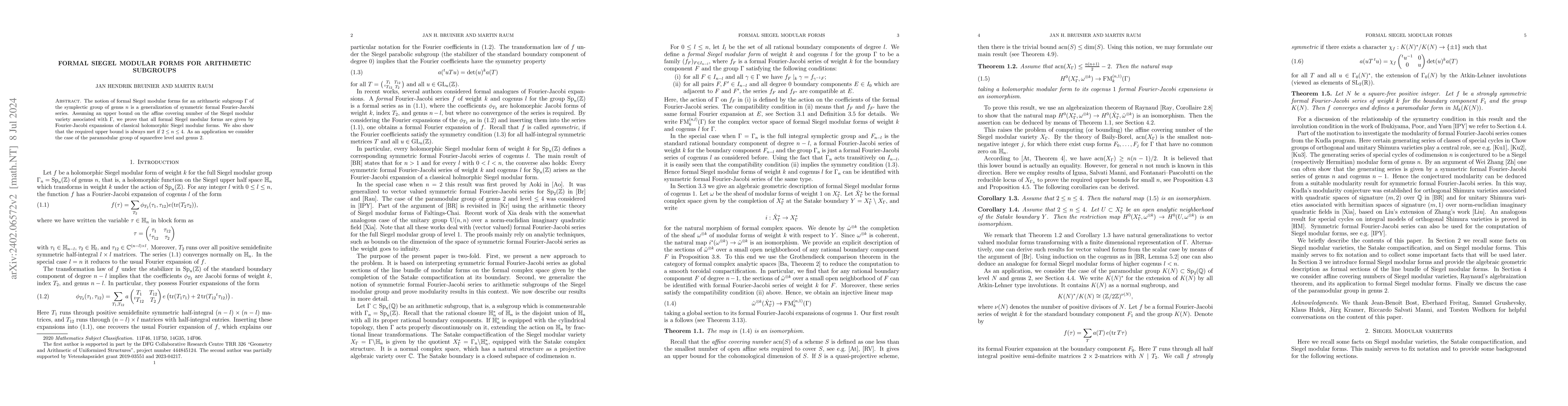 Thumbnail for Formal Siegel modular forms for arithmetic subgroups