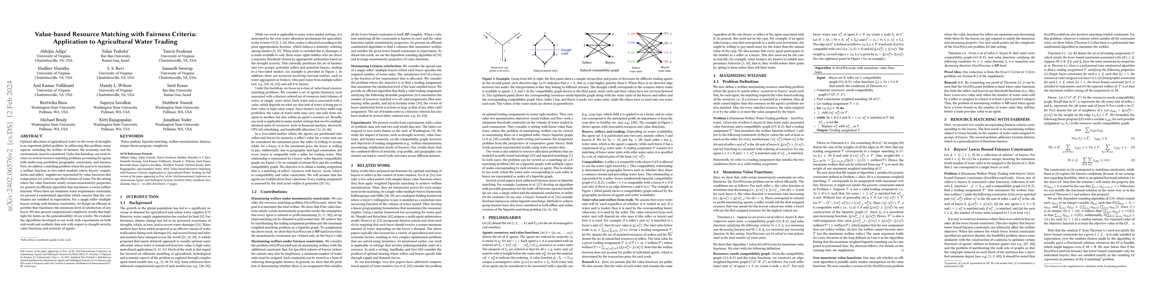 Thumbnail for Value-based Resource Matching with Fairness Criteria: Application to
  Agricultural Water Trading