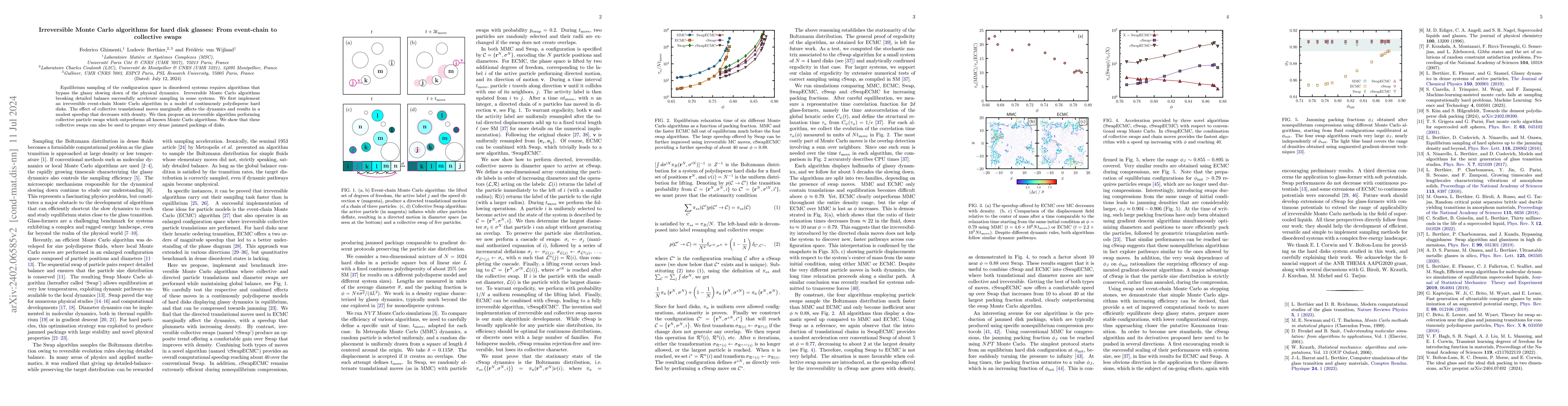 Thumbnail for Irreversible Monte Carlo algorithms for hard disk glasses: from
  event-chain to collective swaps