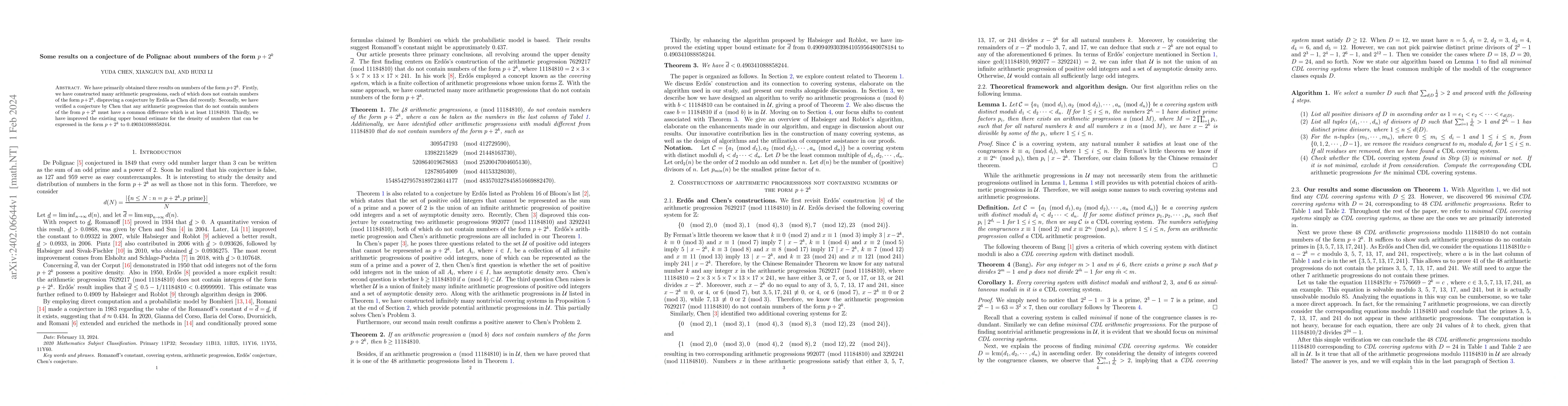 Thumbnail for Some results on a conjecture of de Polignac about numbers of the form $p
  + 2^k$