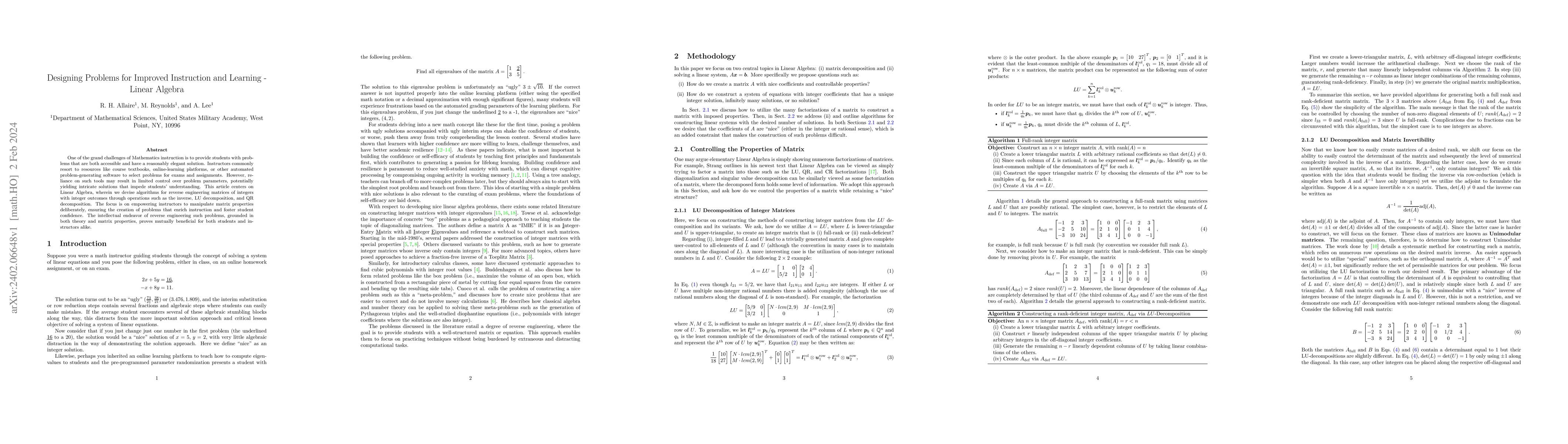 Thumbnail for Designing Problems for Improved Instruction and Learning -- Linear
  Algebra
