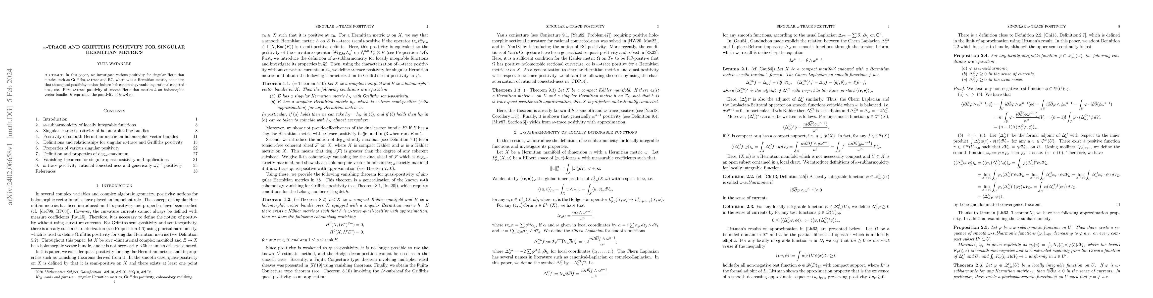 Thumbnail for $\omega$-trace and Griffiths positivity for singular Hermitian metrics
