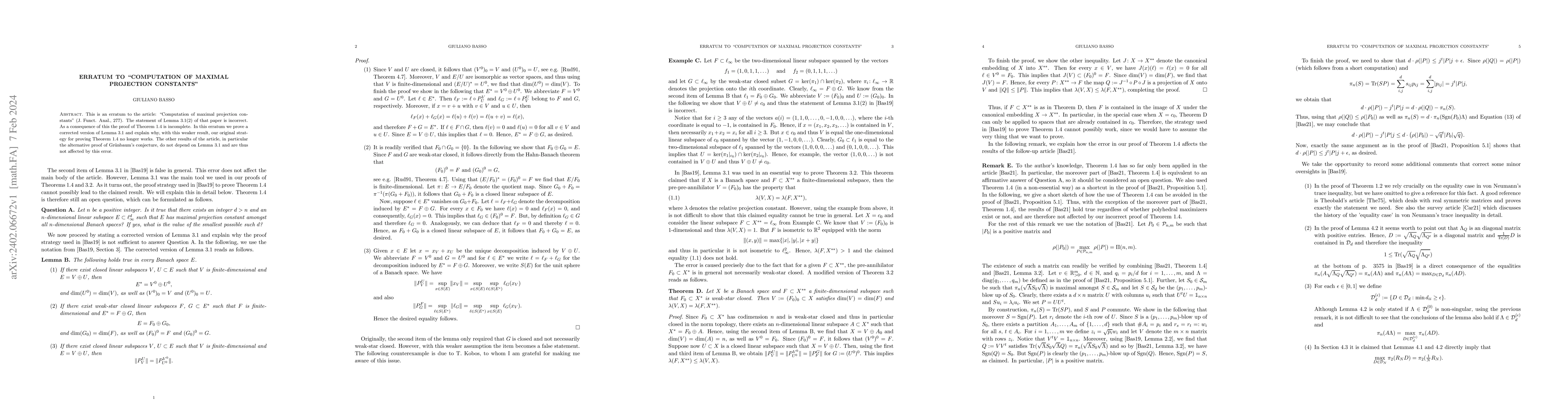 Thumbnail for Erratum to "Computation of maximal projection constants"