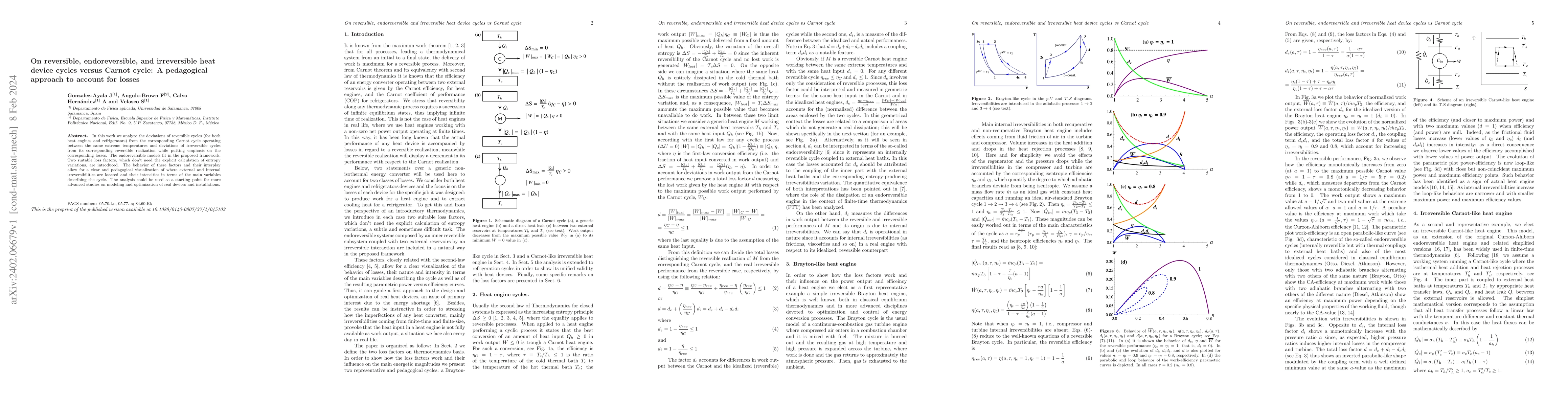 Thumbnail for On reversible, endoreversible, and irreversible heat device cycles
  versus Carnot cycle: A pedagogical approach to account for losses