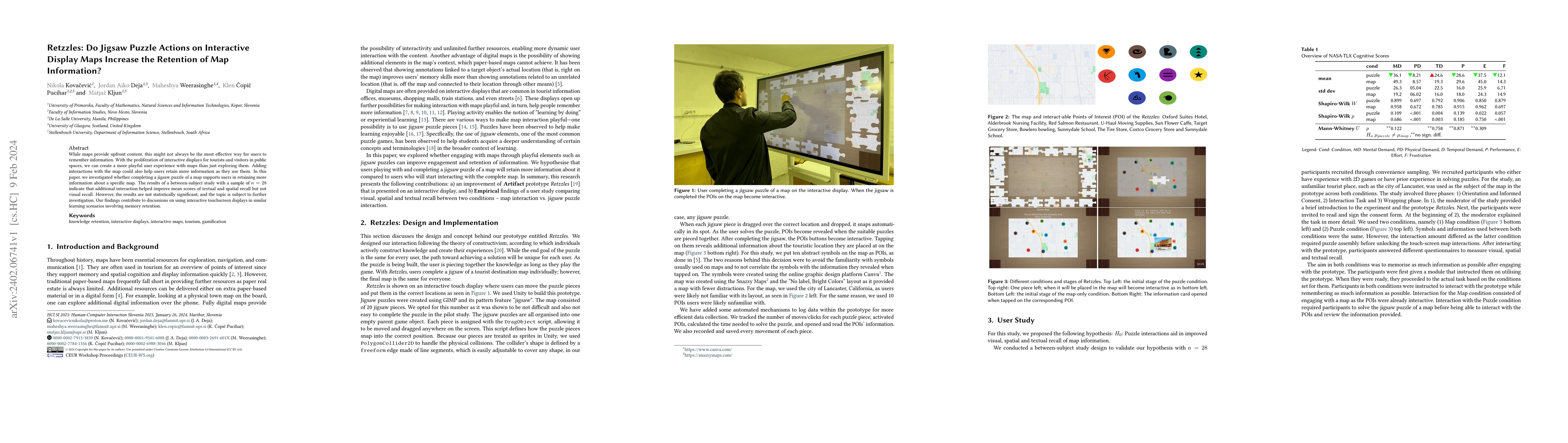 Thumbnail for Retzzles: Do Jigsaw Puzzle Actions on Interactive Display Maps Increase
  the Retention of Map Information?