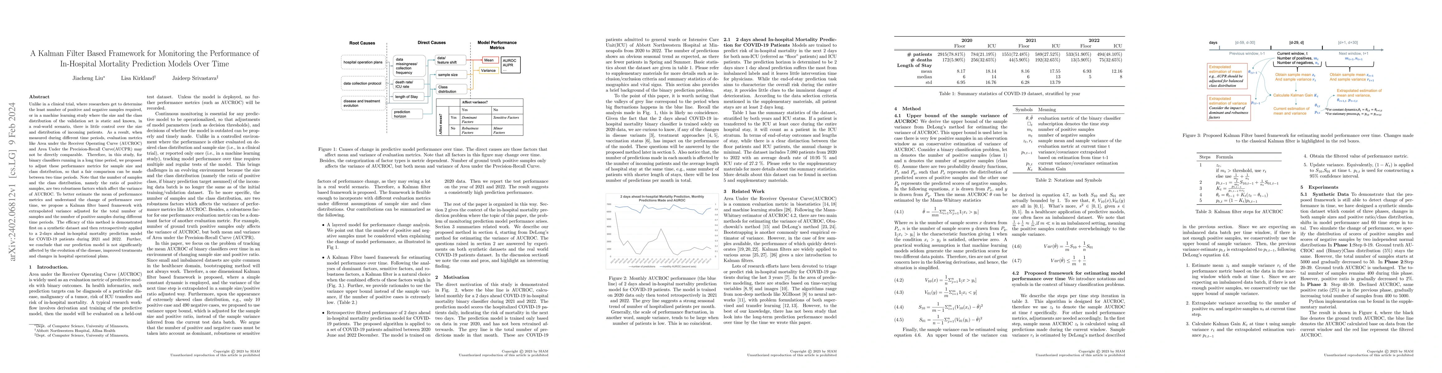 Thumbnail for A Kalman Filter Based Framework for Monitoring the Performance of
  In-Hospital Mortality Prediction Models Over Time