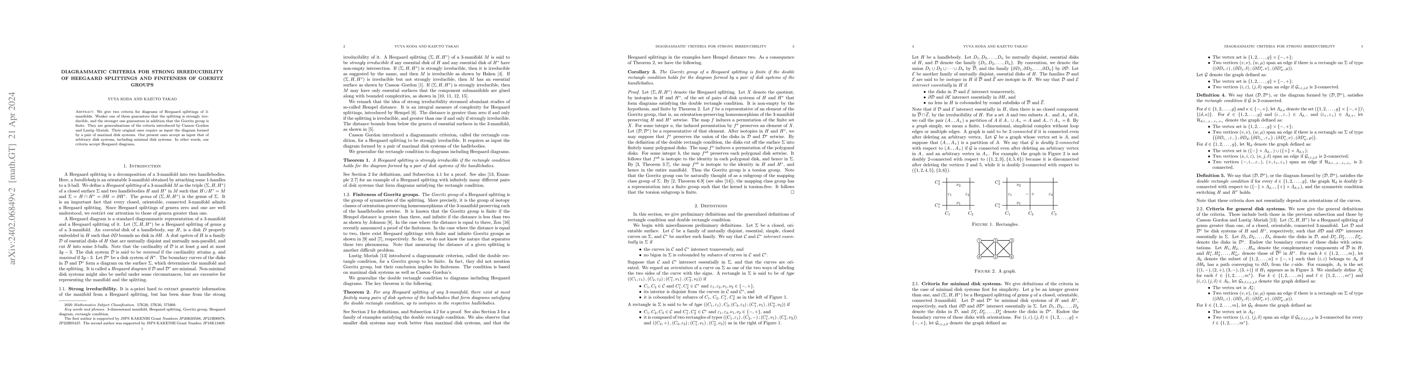 Thumbnail for Diagrammatic criteria for strong irreducibility of Heegaard splittings
  and finiteness of Goeritz groups