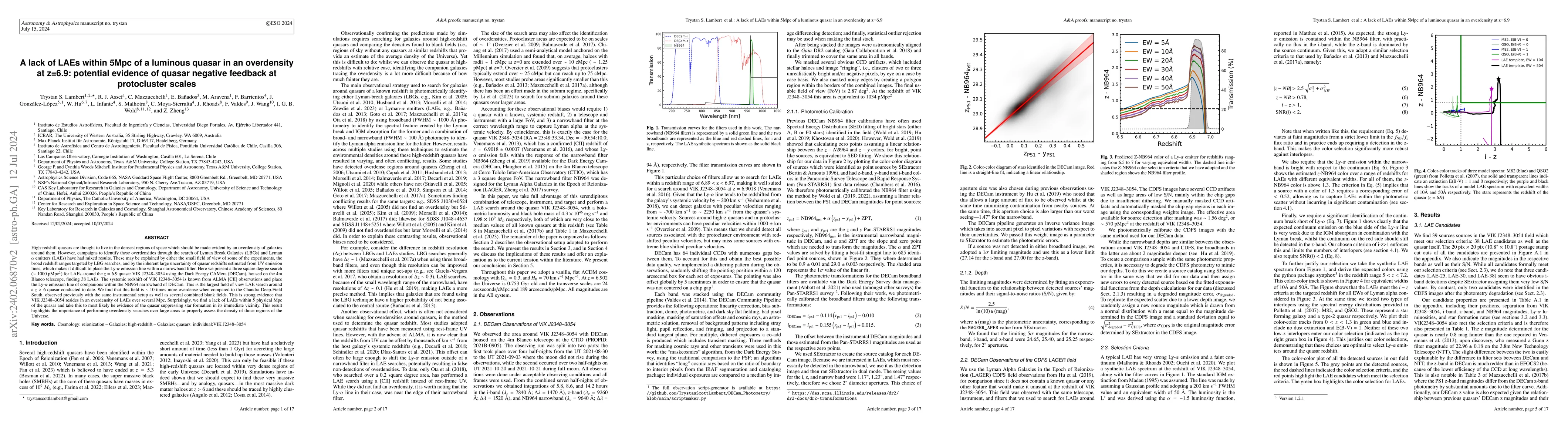 Thumbnail for A lack of LAEs within 5Mpc of a luminous quasar in an overdensity at
  z=6.9: potential evidence of quasar negative feedback at protocluster scales