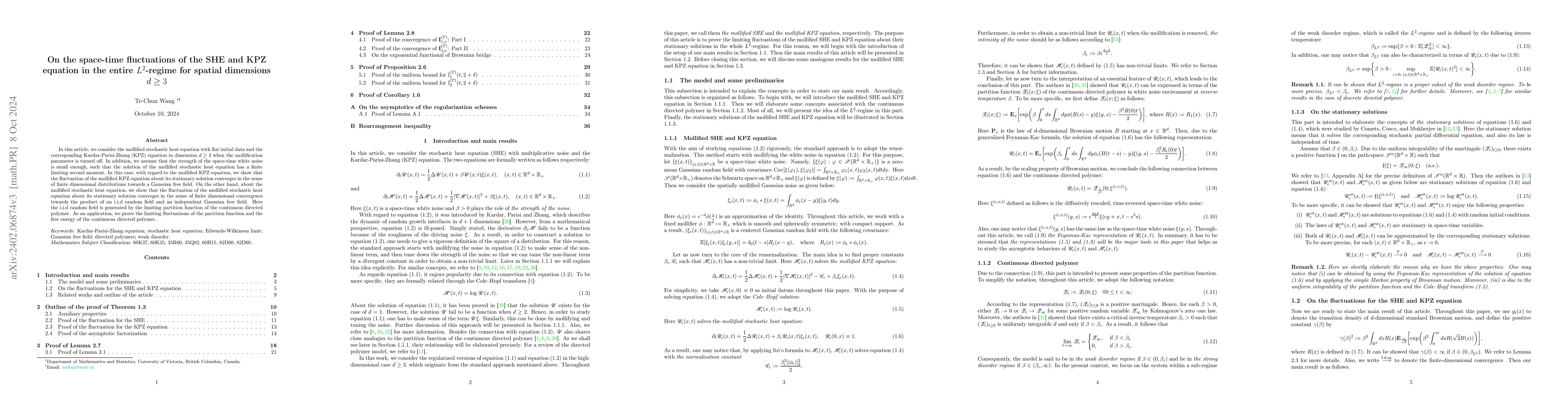Thumbnail for On the space-time fluctuations of the SHE and KPZ equation in the entire
  $L^{2}$-regime for spatial dimensions $d \geq 3$