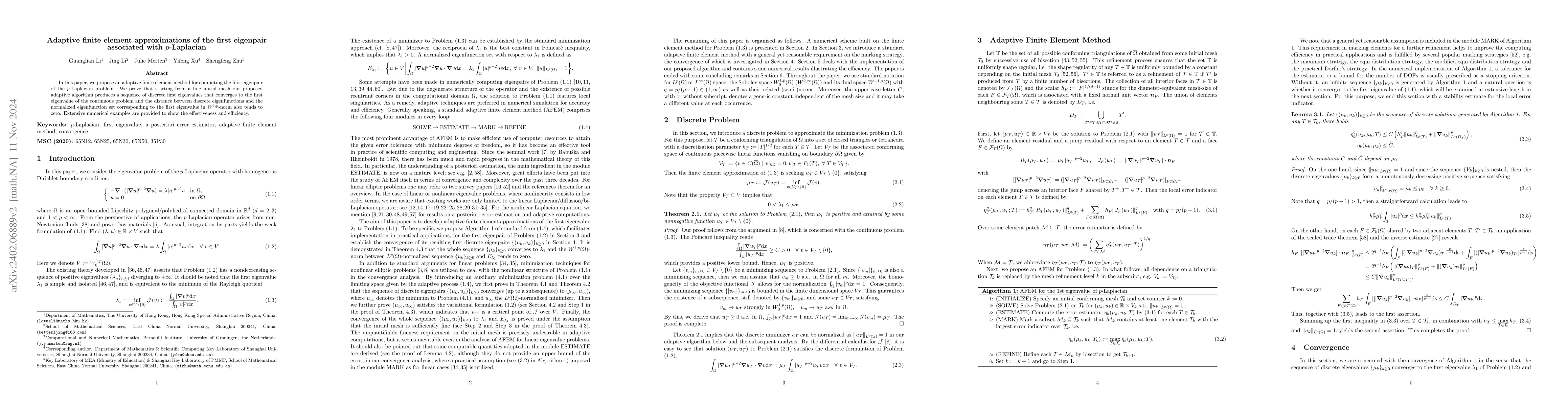 Thumbnail for Adaptive finite element approximations of the first eigenpair associated
  with p-Laplacian