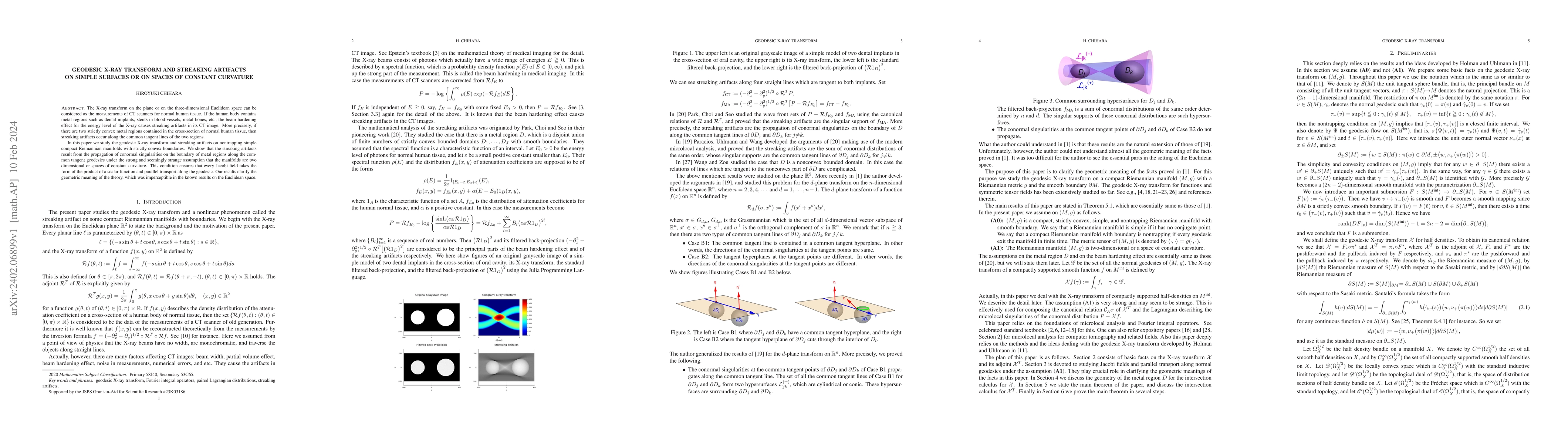 Thumbnail for Geodesic X-ray transform and streaking artifacts on simple surfaces or
  on spaces of constant curvature