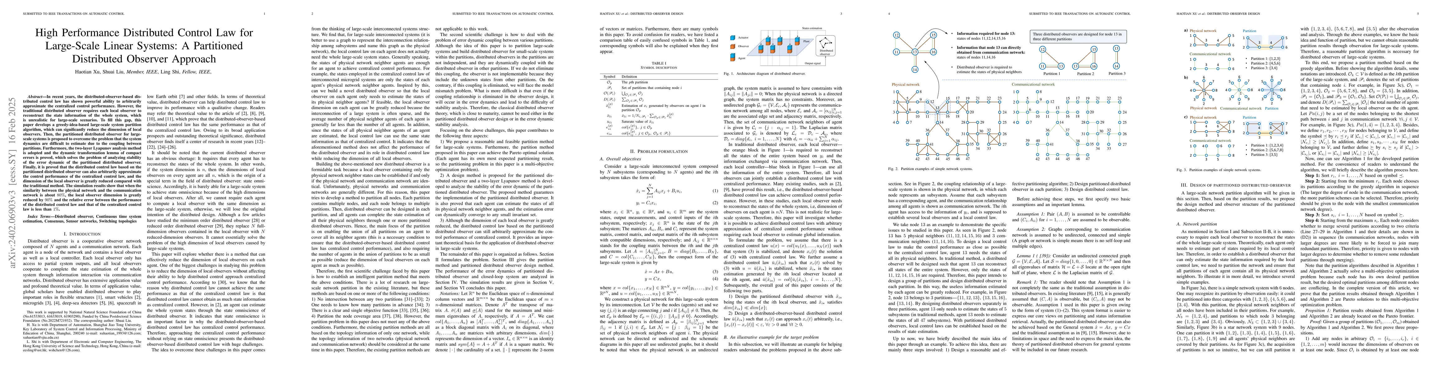 Thumbnail for High-Performance Distributed Control for Large-Scale Linear Systems: A
  Partitioned Distributed Observer Approach