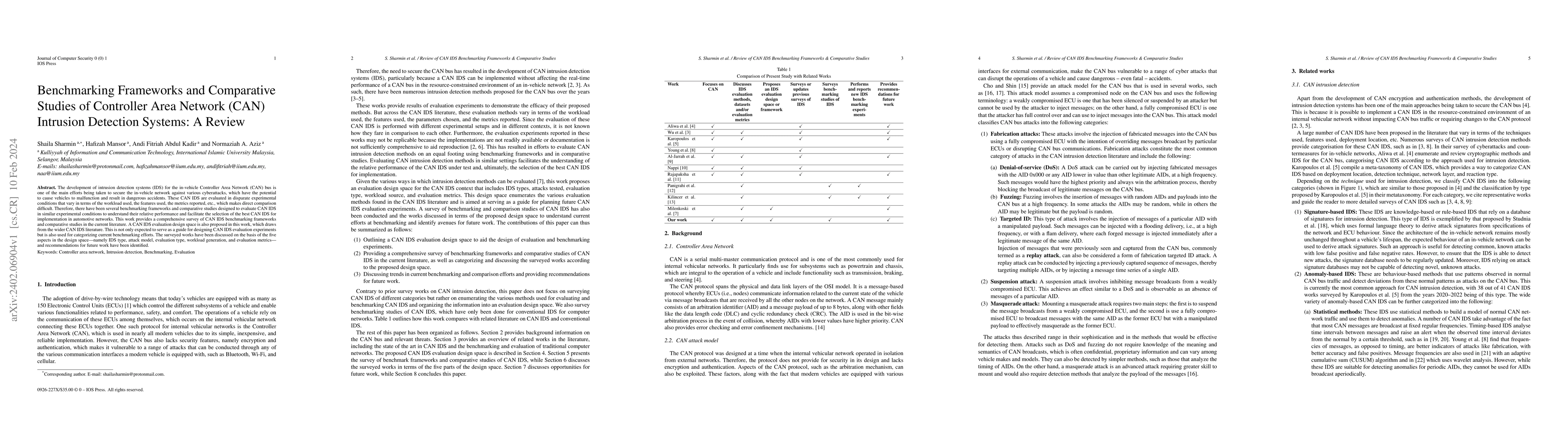 Thumbnail for Benchmarking Frameworks and Comparative Studies of Controller Area
  Network (CAN) Intrusion Detection Systems: A Review