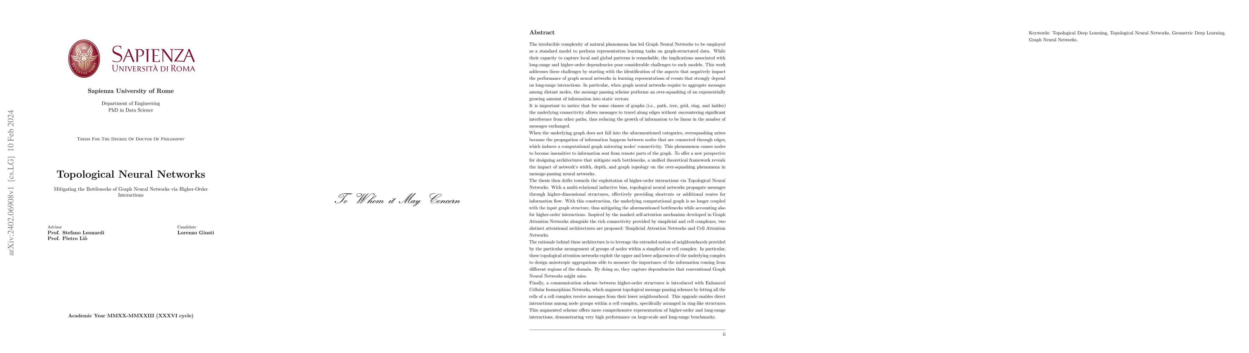 Thumbnail for Topological Neural Networks: Mitigating the Bottlenecks of Graph Neural
  Networks via Higher-Order Interactions