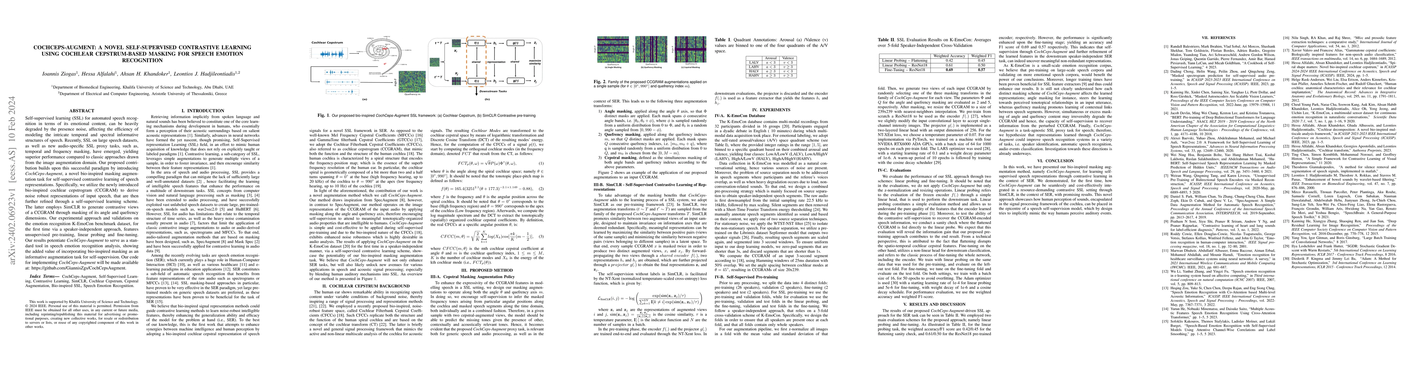 Thumbnail for CochCeps-Augment: A Novel Self-Supervised Contrastive Learning Using
  Cochlear Cepstrum-based Masking for Speech Emotion Recognition