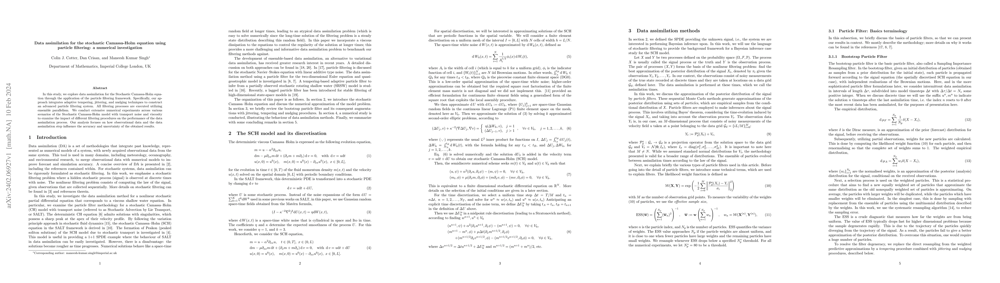 Thumbnail for Data assimilation for the stochastic Camassa-Holm equation using
  particle filtering: a numerical investigation