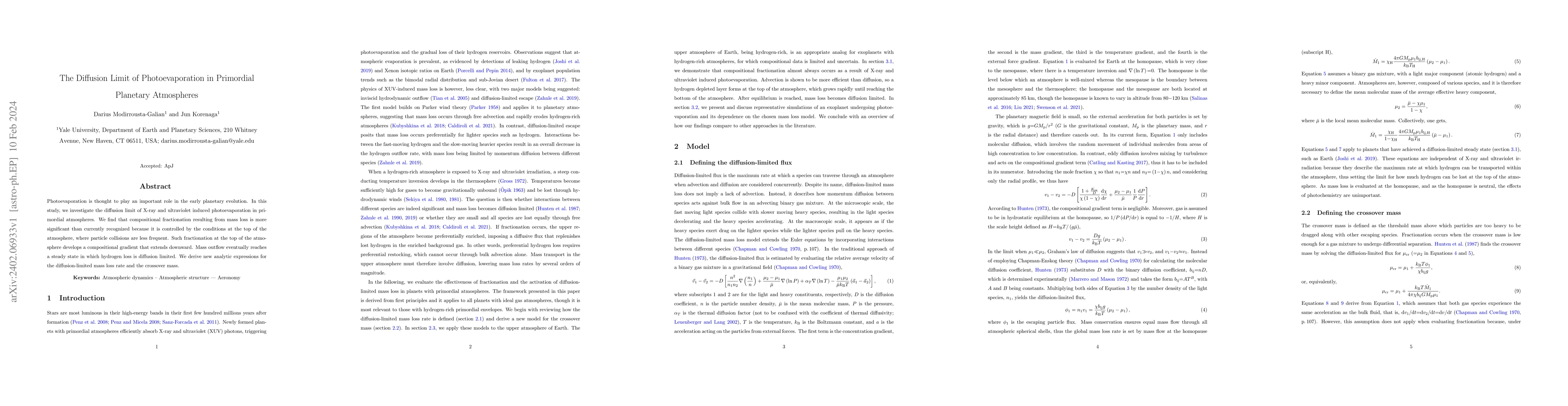 Thumbnail for The Diffusion Limit of Photoevaporation in Primordial Planetary
  Atmospheres