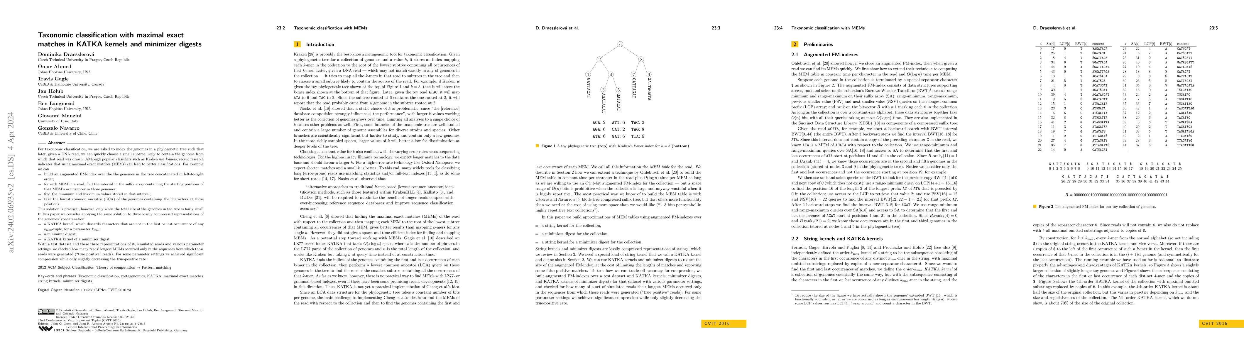 Thumbnail for Taxonomic classification with maximal exact matches in KATKA kernels and
  minimizer digests