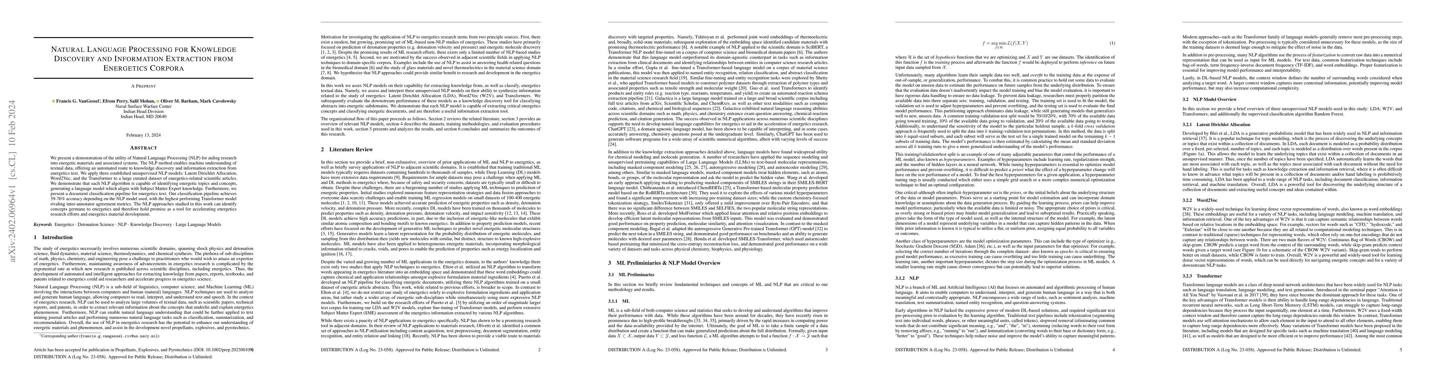 Thumbnail for NLP for Knowledge Discovery and Information Extraction from Energetics
  Corpora