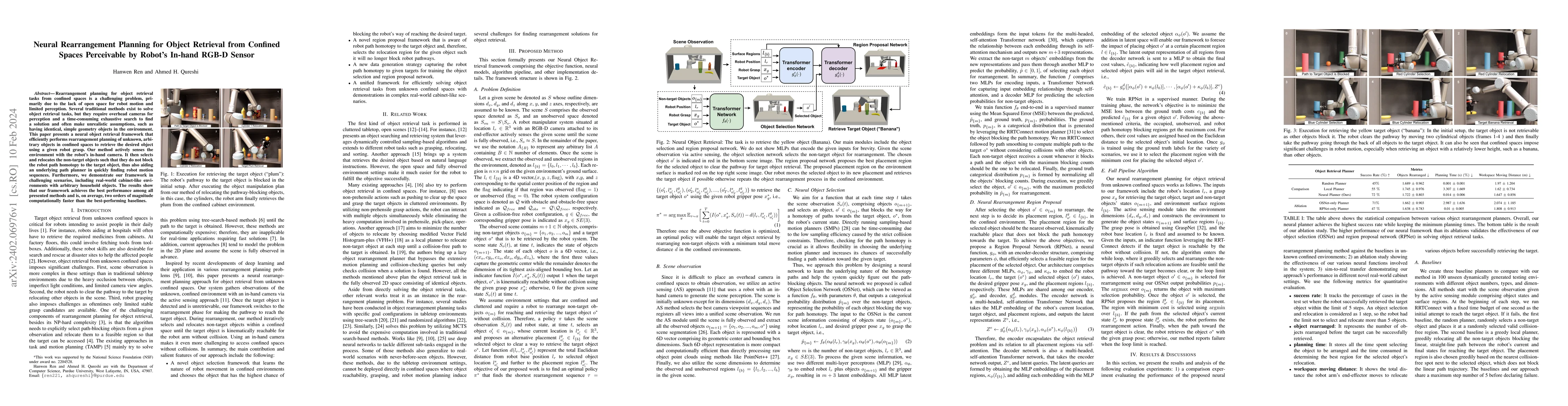 Thumbnail for Neural Rearrangement Planning for Object Retrieval from Confined Spaces
  Perceivable by Robot's In-hand RGB-D Sensor
