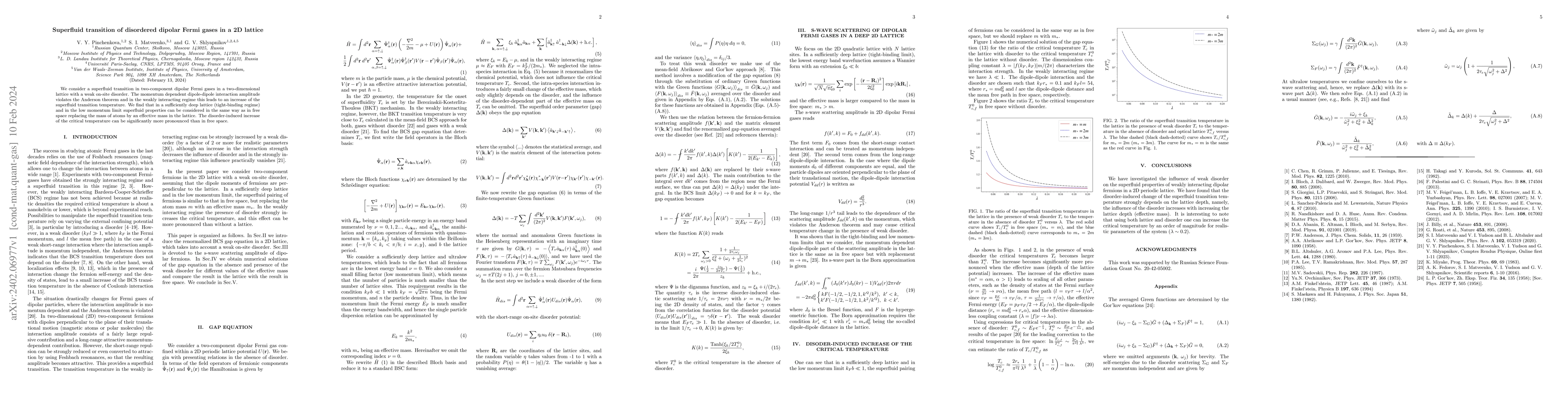 Thumbnail for Superfluid transition of disordered dipolar Fermi gases in a 2D lattice
