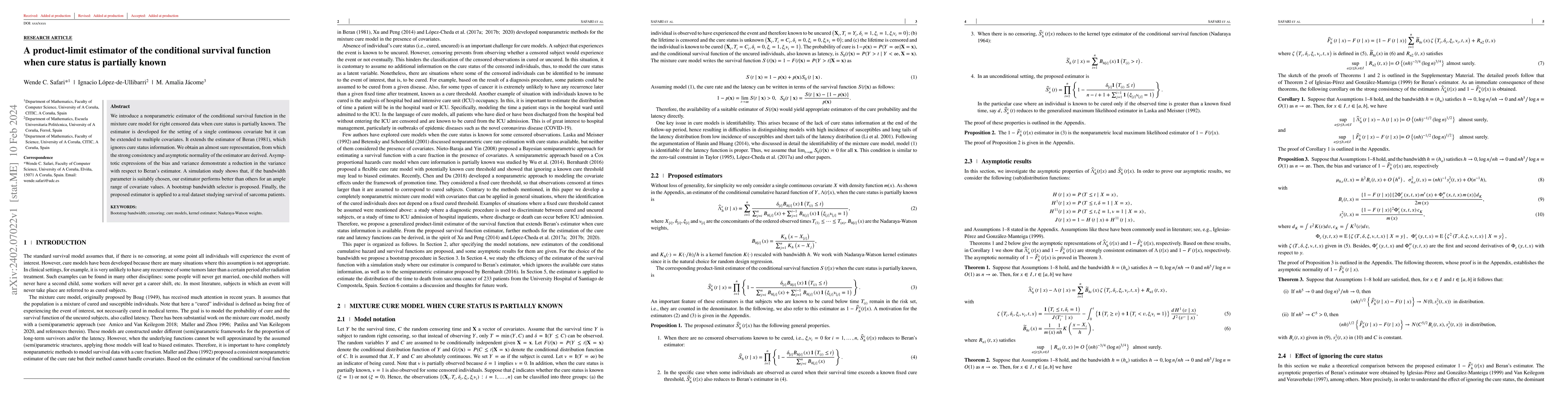 Thumbnail for A product-limit estimator of the conditional survival function when cure
  status is partially known
