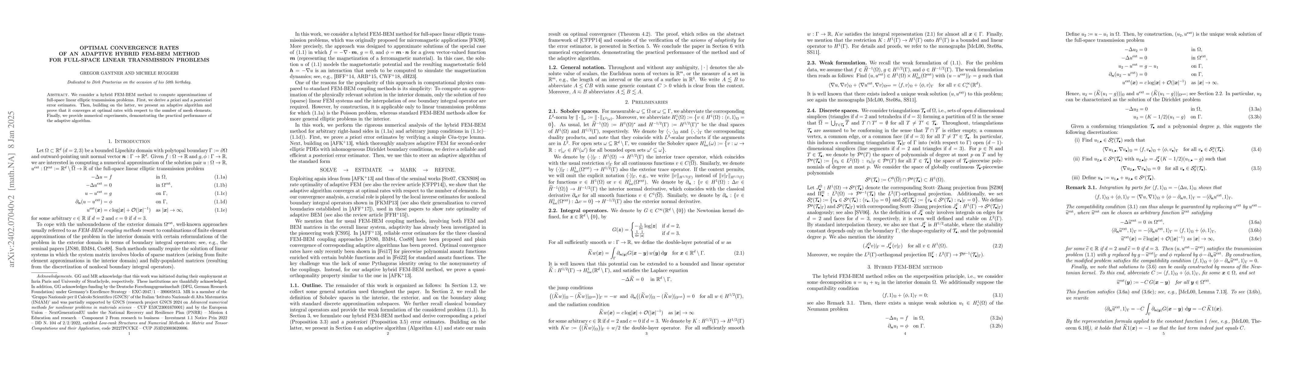 Thumbnail for Optimal convergence rates of an adaptive hybrid FEM-BEM method for
  full-space linear transmission problems