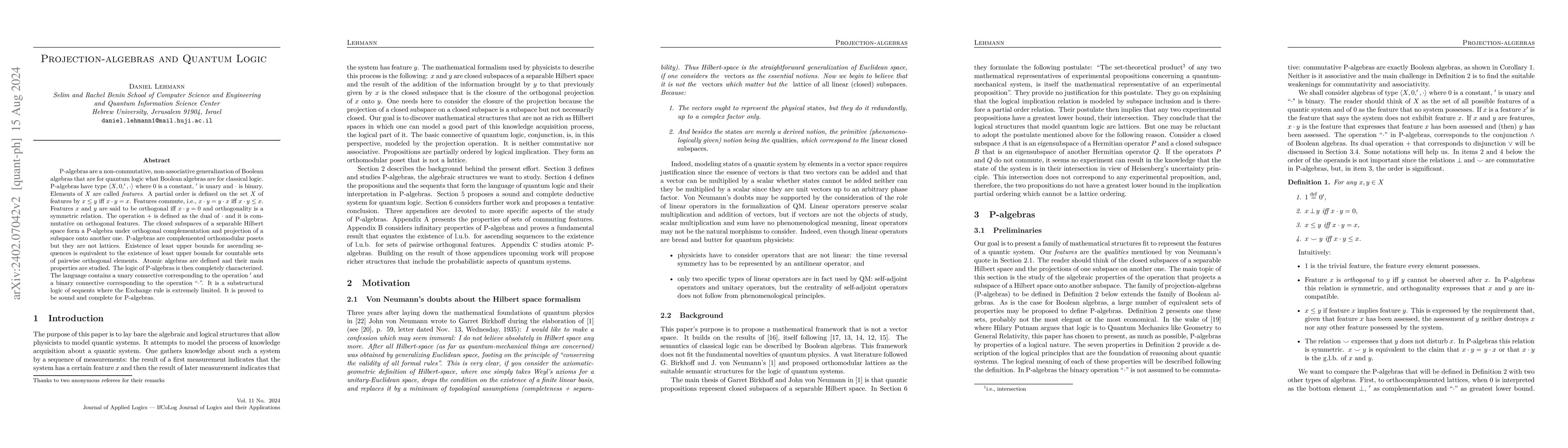 Thumbnail for Projection-algebras and quantum logic