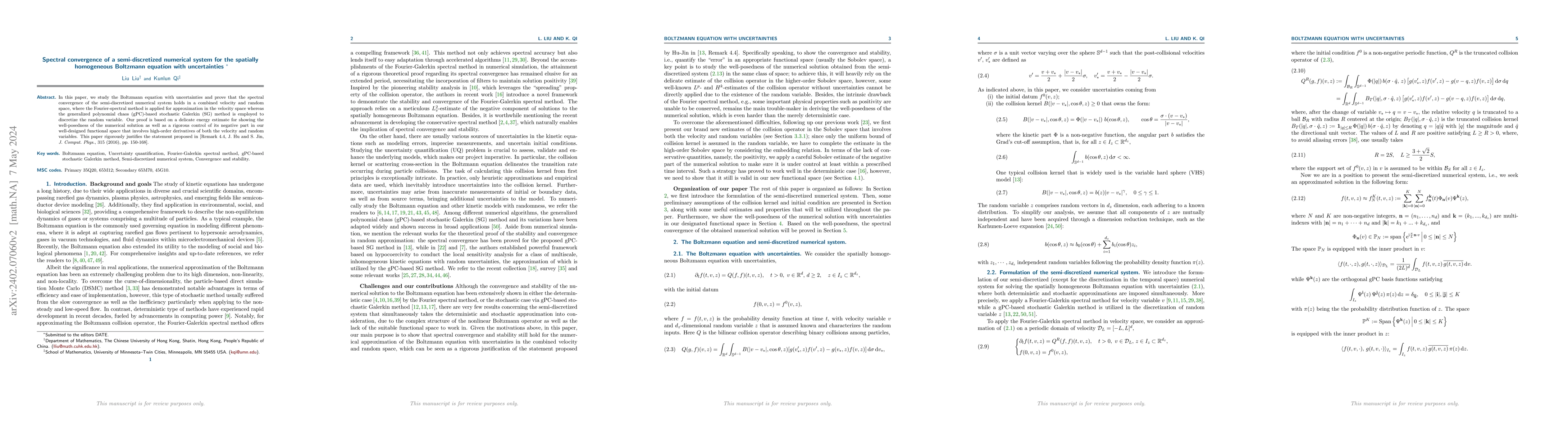 Thumbnail for Spectral convergence of a semi-discretized numerical system for the
  spatially homogeneous Boltzmann equation with uncertainties