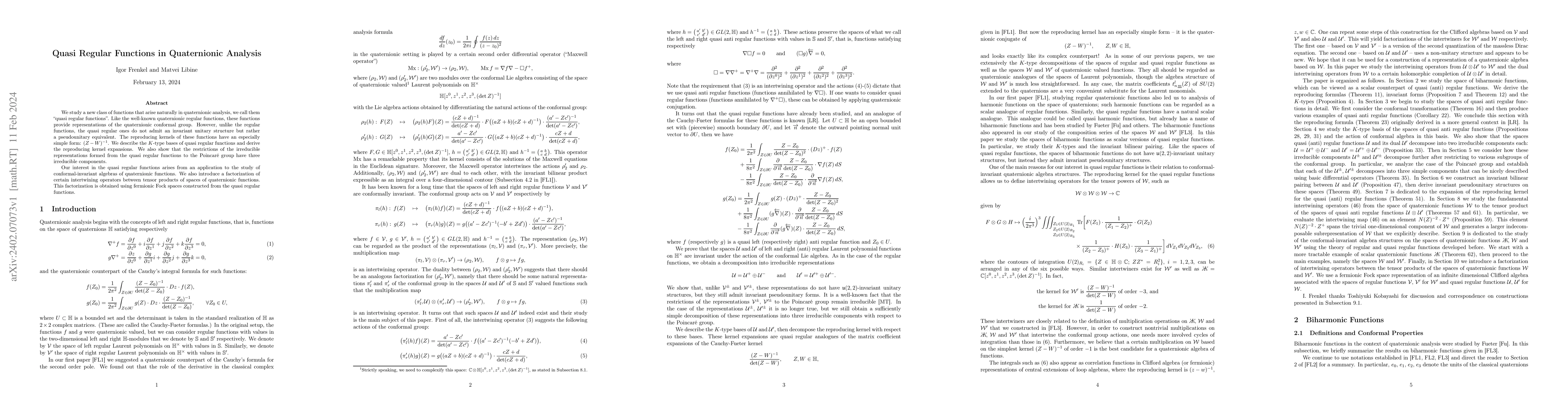Thumbnail for Quasi Regular Functions in Quaternionic Analysis