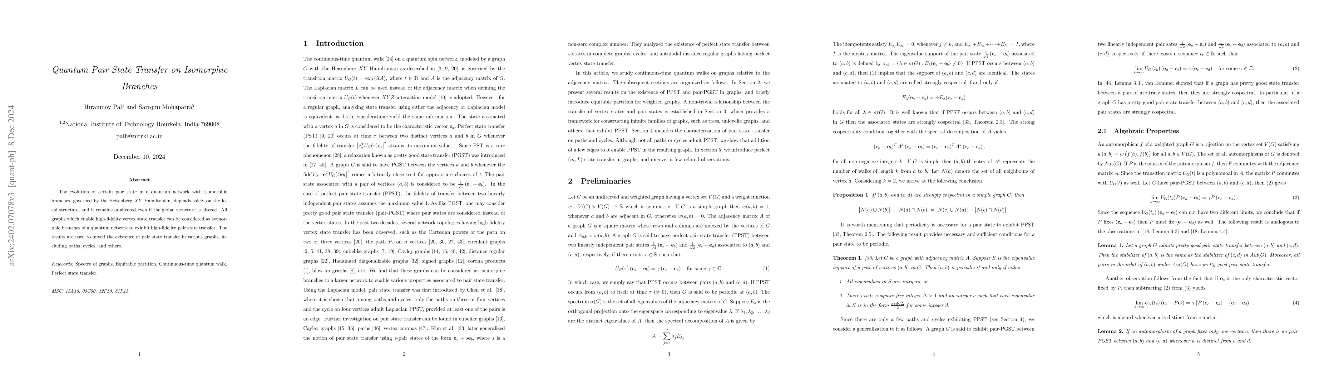 Thumbnail for Quantum Pair State Transfer on Isomorphic Branches