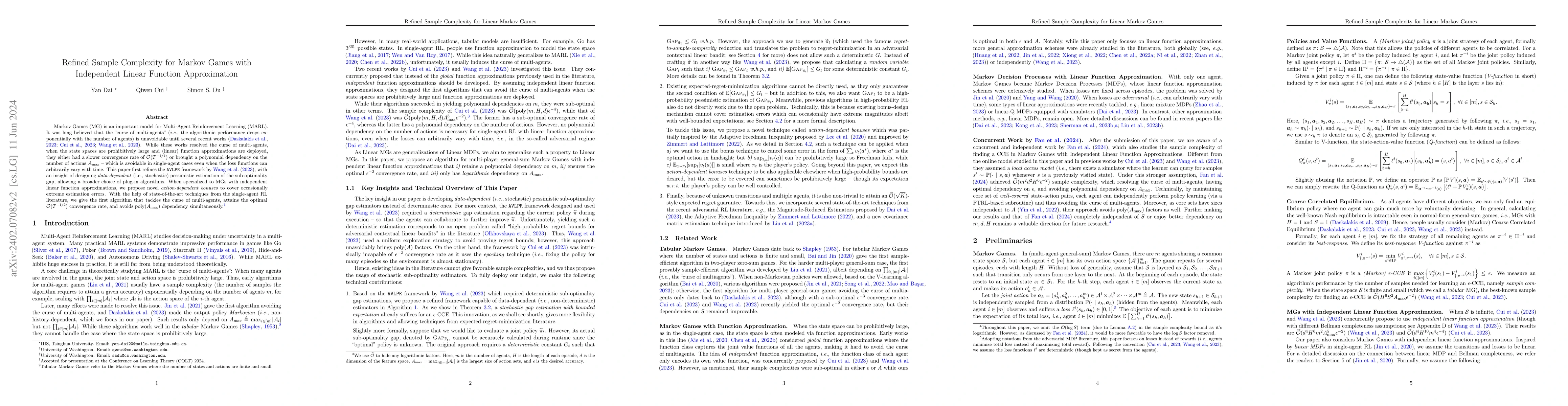 Thumbnail for Refined Sample Complexity for Markov Games with Independent Linear
  Function Approximation
