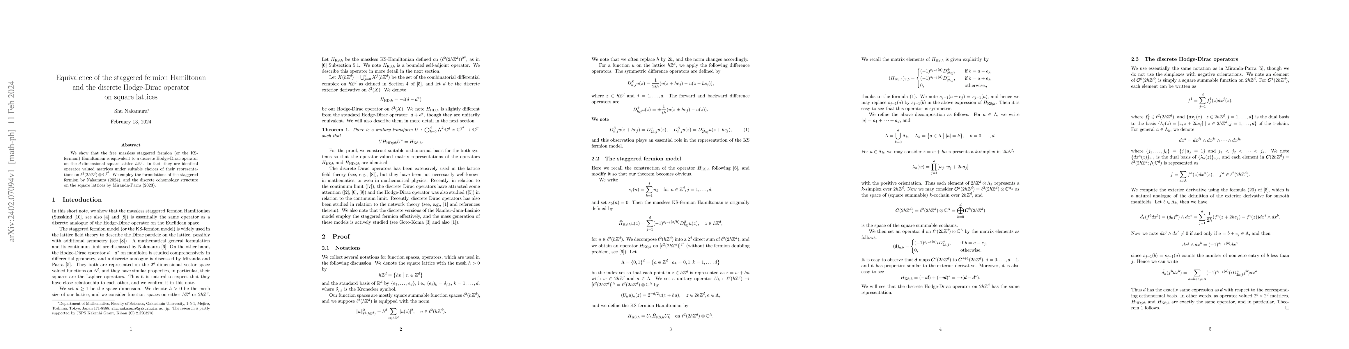 Thumbnail for Equivalence of the staggered fermion Hamiltonan and the discrete
  Hodge-Dirac operator on square lattices